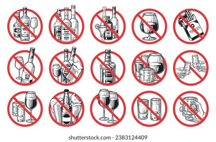 Fight against alcoholism set stickers with alcoholic drinks inside crossed out rings for social advertising vector illustration