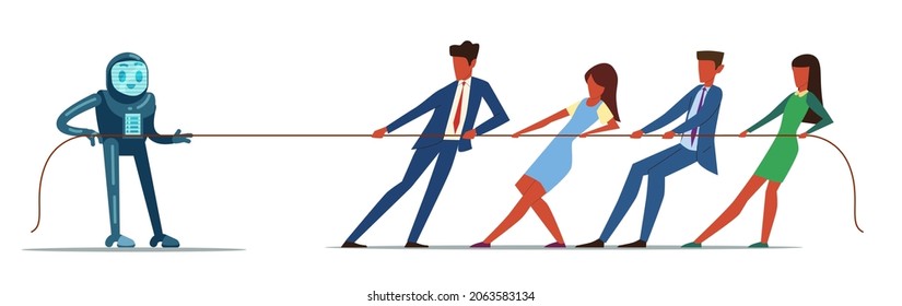 Fight against artificial intelligence. People and robot tug of war. Competition of modern machine and human teamwork. Rope game. Innovation technologies development. Vector concept