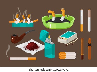 Fight against bad habits, dangerous effects of smoking. Set of filter cigarettes, cigars with tobacco in ashtray, nicotine addiction. Crumpled gobies, broken cigarettes. Vector illustration.