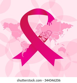 Fight against breast cancer concept. .Pink ribbon for breast cancer campaign on world map.