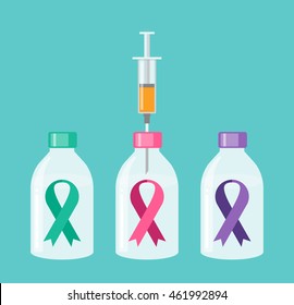 The fight against cancer. Syringe and vaccine. Ribbons