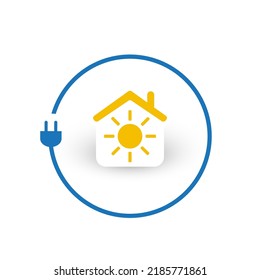Fight Against Climate Change, Use Renewable Energy at Home -  Concept Design with Electric Cord Around and Sun and House Symbol on White Background - Creative Vector Illustration in Editable Format