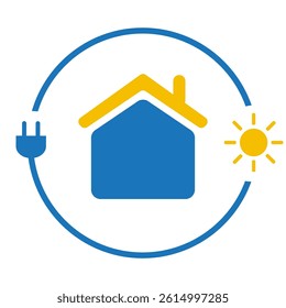 Fight Against Climate Change, Use Renewable Energy at Home -  Concept Design with Electric Cord and Sun Around a House Symbol on White Background - Creative Vector Illustration, Clip-Art Template