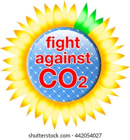 "fight against CO2" button with a solar cell background and surrounded by petals of a sun flower