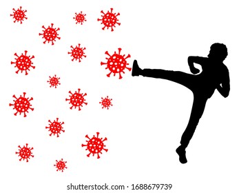 Fight against coronavirus (COVID-19). Silhouette of man pushes away viruses with his foot. Vector illustration.