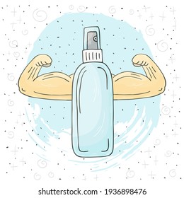 Fight against coronavirus vector concept. Antiseptic with strong hands, strong man. Vector illustration hand drawing design