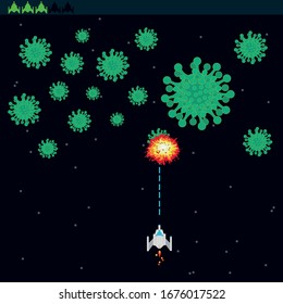 fight against coronovirus in retro style. The concept of the destruction of the virus in a pixel game.