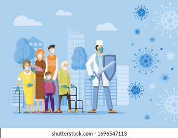 Fight Against Covid-19 Corona Virus. Medic Protects People From The Epidemic Concept. Stop Epidemic. Flat Vector Illustration.