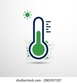 Fight Against Global Warming and Climate Change, Reach Carbon Neutrality - Flat Vector Design Concept with Thermometer and  Symbols of Various Alternative Energy Solutions, Green Transportation