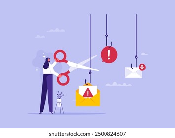 Fight against scam, internet phishing or spam email concept, businesswoman uses scissors cut off various fishing hooks, smart user does not become victim of scammers and thieves, bait, deceit