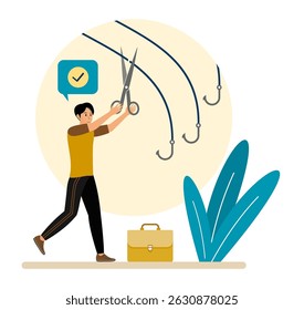 Fight against scam, internet phishing. Businessman uses scissors and cut off various fishing hooks. Smart user does not become victim of fraudster and thieves.