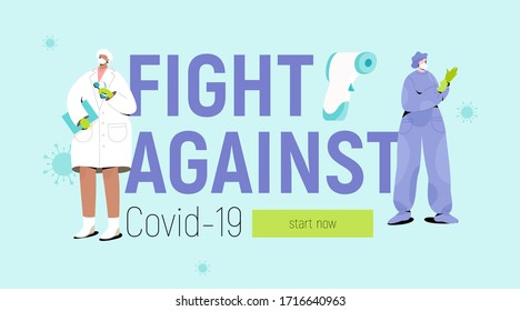 Fight against virus banner template. Doctor and nurse in protective uniforms over text. Stop Coronavirus concept. 