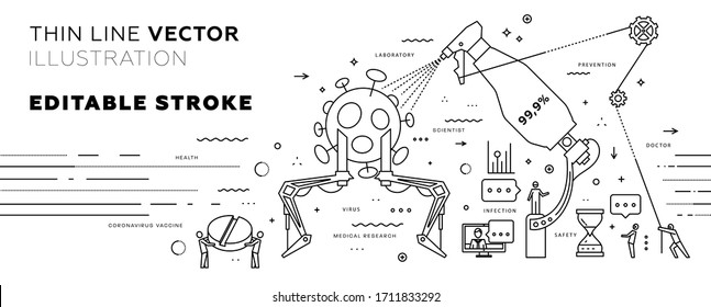 Fight Against The Virus Concept, Disinfection And Vaccination Research. Corona Virus Cells. Infectious Disease Doctors Team. Thin Line Editable Vector Illustration.