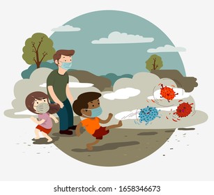 Fight against virus, covid-19, group of people wearing face mask, boy kicks away virus characters. Vector illustration