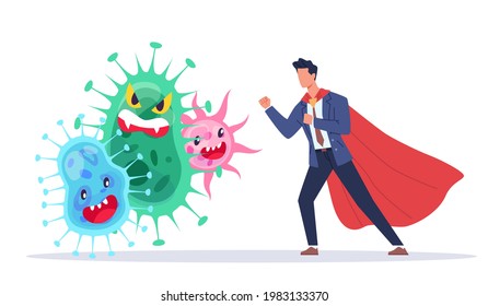 Fight against viruses. Countering viruses. Man in superhero suit and pathogens, infections protection and medical prevention. Human immunity protects body from germs. Vector cartoon concept