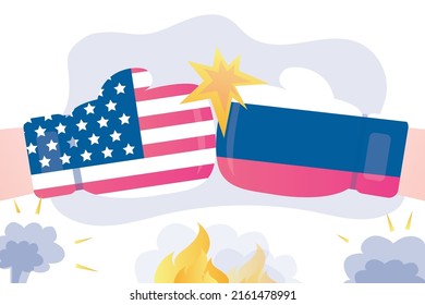 Fight, battle. Boxing match. Boxing gloves in colors of Russian and American flags. Competition for world domination. Political negotiations, economic and trade wars. Flat vector illustration