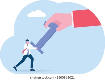 Fight to be number one. Big hand pulling a number one tug of war with a small businessman

