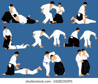 Fight between aikido fighters vector illustration isolated on background. Sparring on training action. Self defense skills fighter, exercise concept. Traditional warriors. Martial arts.