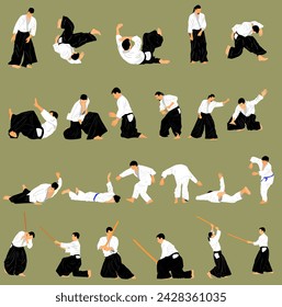 Fight between aikido fighters vector illustration isolated on background. Sparring on training action. Self defense skills fighter, exercise concept. Traditional warriors. Martial arts.