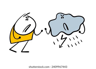 Fight between angry cloud and  aggressive stickman. Vector illustration of dissatisfied boy with  weather forecast. Thunderstorm, lightning and rain. Flat characters   isolated on white background.