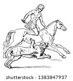 A fight between Bellerophon and Chimera. Both are attacking each other, vintage line drawing or engraving illustration.