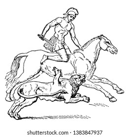 Una pelea entre Bellerophon y Chimera. Ambos se atacan mutuamente, dibujo de líneas antiguas o ilustración de grabado.