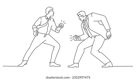 Lucha entre hombres de negocios, controversia o opinión de diferencia, desacuerdo, confrontación o concepto de lucha de rivalidad. Ilustración vectorial dibujada a mano. Blanco y negro.