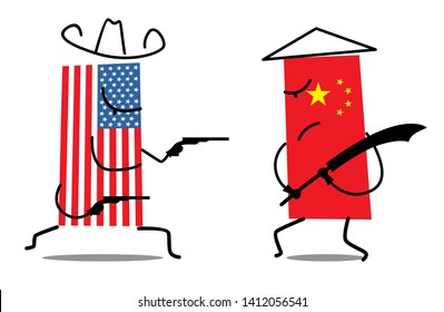 The fight between the flags of the USA and China. Cowboy Pistols vs. Traditional Sword. Fun minimalistic graphics