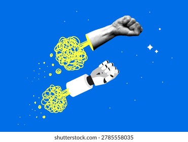 Fight between human and artificial intelligence. Concept of future technologies. Human AI collaboration. Machine learning. Contest between human and cyborg. Achieving results. Modern halftone collage