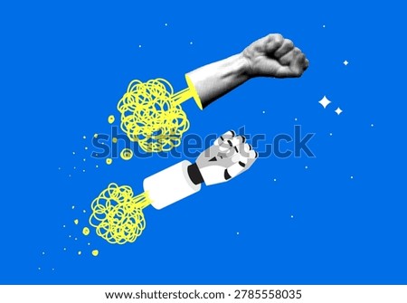 Fight between human and artificial intelligence. Concept of future technologies. Human AI collaboration. Machine learning. Contest between human and cyborg. Achieving results. Modern halftone collage