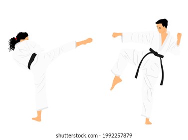 Pelea entre karate y hombres combatientes en la ilustración vectorial kimono. Disciplina deportiva tradicional japonesa de arte marcial. Chica contra la habilidad de autodefensa de los chicos. Dama protéjase contra el hombre agresor