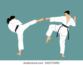 Fight between karate woman and man fighters in kimono vector illustration. Japan traditional martial art sport discipline. Girl against boy self defense skill. Lady protect yourself from man aggressor