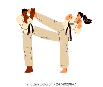 Pelea entre luchadores de karate mujer y hombre en kimono y cinturón negro, patada en Ilustración vectorial de acción. Competencia de arte marcial tradicional de Japón. Chica contra habilidad de autodefensa de chico, golpe de Karate