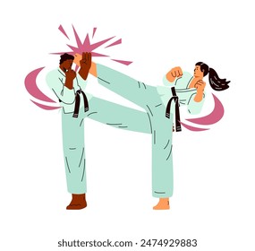 Fight between karate woman and man fighters in kimono and black belt vector illustration. Japan traditional martial art sport competition. Girl against boy self defense skill, movement lines