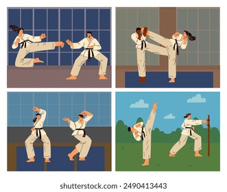 Fight between karate woman and man fighters in kimono and black belt vector flat illustrations set. Japanese traditional martial art sport competition. Karate kick posture combative technique exercise