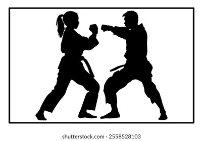 Fight between karate woman and man fighters in kimono and black belt, kick in action vector illustration
