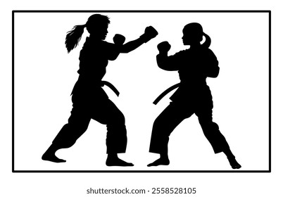 Fight between karate woman and man fighters in kimono and black belt, kick in action vector illustration
