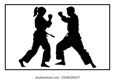 Fight between karate woman and man fighters in kimono and black belt, kick in action vector illustration
