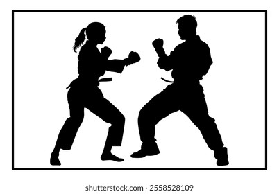 Fight between karate woman and man fighters in kimono and black belt, kick in action vector illustration
