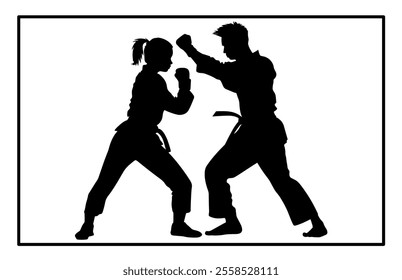 Fight between karate woman and man fighters in kimono and black belt, kick in action vector illustration
