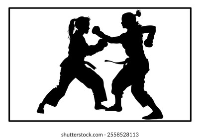 Fight between karate woman and man fighters in kimono and black belt, kick in action vector illustration
