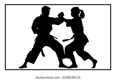 Fight between karate woman and man fighters in kimono and black belt, kick in action vector illustration
