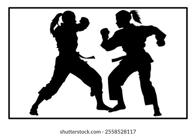 Fight between karate woman and man fighters in kimono and black belt, kick in action vector illustration
