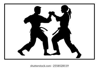 Fight between karate woman and man fighters in kimono and black belt, kick in action vector illustration
