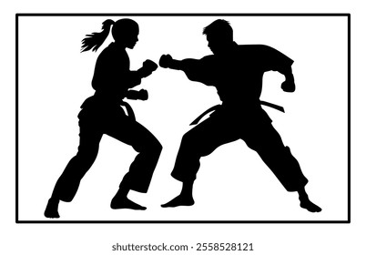 Fight between karate woman and man fighters in kimono and black belt, kick in action vector illustration
