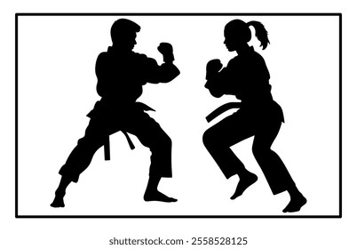 Fight between karate woman and man fighters in kimono and black belt, kick in action vector illustration
