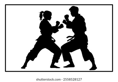 Fight between karate woman and man fighters in kimono and black belt, kick in action vector illustration
