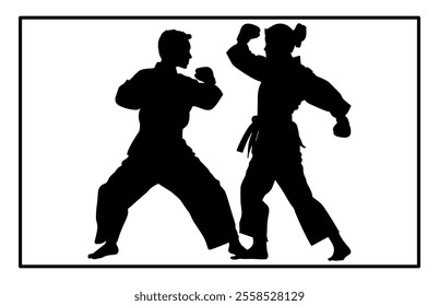 Fight between karate woman and man fighters in kimono and black belt, kick in action vector illustration
