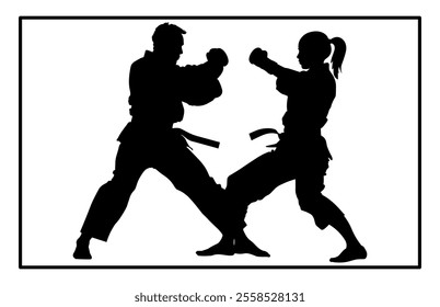 Fight between karate woman and man fighters in kimono and black belt, kick in action vector illustration
