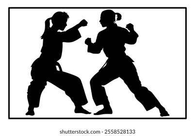 Fight between karate woman and man fighters in kimono and black belt, kick in action vector illustration
